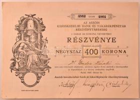 Aszód 1922. &quot;Az Aszódi Kereskedelmi Bank és Takarékpénztár Részvénytársaság&quot; két darab, névre szóló részvénye egyben, összesen 400K-ról, szárazbélyeggel, szelvényekkel (2x) sorszámkövetők &quot;4863-4864&quot; és &quot;4865-4866&quot; T:AU,XF