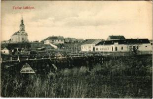 1908 Tenke, Tinca; fahíd, templom. Gelb Márton kiadása / church, wooden bridge (felszíni sérülés / surface damage)