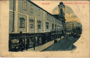 1914 Temesvár, Timisoara; Szeminárium a Szent György téren, Tóth Béla, Ruschil Rezső, Czermák üzlete, villamos, szálloda. Tóth Béla saját kiadása / seminary, shops, tram, hotel (EB)