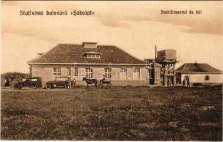 Serhiivka, Sergheevka, Serhijiwka, Sabolat-Serghiesti; Statiunea balneara "Sabolat", Stabilimentul de bai. Editura Librariei I. Anbinder (Cetatea-Alba) / Romanian state spa, bathing establishment, automobiles