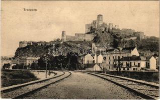 1917 Trencsén, Trencín; vár, vasúti sínek, Nemar József és Ripka Arisztid üzlete. Gansel Lipót kiadása / castle, shops, railway tracks