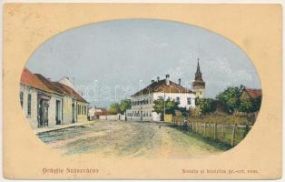 1916 Szászváros, Broos, Orastie; Scoala si biserica gr.-ort. rom. / Román ortodox iskola és templom / Romanian Orthodox school and church (lyuk / hole)