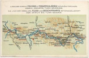 A Magyar Királyi Folyam- és Tengerhajózási Részvénytársaság (MFTR) vonala Zimonytól Szörényvárig / Map of The Royal Hungarian River and Sea Shipping Lines Company, line between Zemun and Turnu Severin. Klösz Gy. és Fia litho