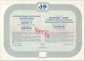 Budapest 1992. HUNGALU Magyar Alumíniumipari Részvénytársaság névre szóló részvénye 1.000.000Ft-ról, MINTA bélyegzéssel és 000-ás sorszámmal T:AU