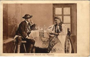 1915 Sächsischer Bursch und Mädchen / Erdélyi népviselet, folklór / Transylvanian Saxon folklore (EK)