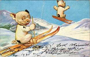 1931 Boldog újévet! Síelő Bonzo kutya, téli sport / New Year greeting, Bonzo dog skiing, winter sport. WSSB 8842/1. (fa)