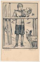 1931 A tél árvái. Cserkész síelés közben, téli sport. Márton műterem kiadásai 8. / Hungarian scout art postcard, winter sport, skiing s: Márton L. (fl)