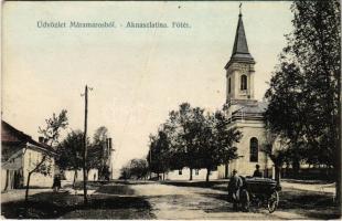 Aknaszlatina, Akna Slatina, Slatinské Doly, Szolotvino, Solotvyno (Máramaros); Fő tér, templom. Wizner és Dávid kiadása / main square, church (fa)