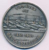 1961. &quot;100 éves az Óbudai Szeszgyár&quot; egyoldalas ezüstpatinázott fém emlékérem (60mm) T:XF kopott ezüstpatina