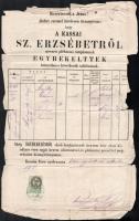 1871 Kassa, házassági kivonat, Sz. Erzsébet plébánia templom, Chrismár Napoleon káplán aláírásával; az egyházi összeadó Hrabovszky József káplán, feltehetően Márai Sándor rokonsága, 50 krajcár okmánybélyeggel, sérült