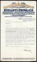 1937 Korányi és Fröhlich vasszerkezet, fémportál és redőnygyár díszes fejléces levele Usetty Béla (1887-1970) ügyvéd, országgyűlési képviselő, az FTC és az MLSZ elnöke, a BSzKRT vezetője részére. Lapszéli apró szakadásokkal.