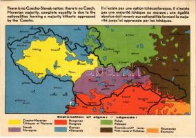 Nincs csehszlovák nemzet, nincs csehszlovák többség, teljes egyenjogúság illeti a csehek által eddig elnyomott többséget alkotó nemzetiségeket. A Magyar Nemzeti Szövetség kiadása / Hungarian Anti-Czechoslovak propaganda, irredenta map