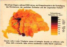 Hányszor volt hadszíntér Magyarország ezer év alatt a kereszténység, a nyugati kultúra és a magyar szabadság védelmében. Tervezte Dr. Dobrovits Sándor. Kiadja a Magyar Nemzeti Szövetség / How many times Hungary has been the scene of battle during 1000 years, in defence of Christendom, Western culture and Hungarian liberty. Hungarian irredenta propaganda, Trianon map