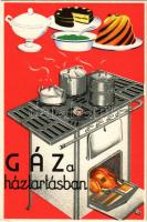 Gáz a háztartásban. Seidner litográfia / Hungarian gas advertisement card