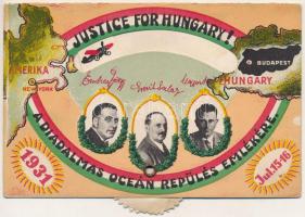 Justice for Hungary! A diadalmas óceán repülés emlékére; Magyar Sándor, Endrész György, Szalay Emil; mechanikus lap / Hungarian pilots, memorial card for their flight across the ocean, aeroplane, signed mechanical postcard (gyűrődések / creases)