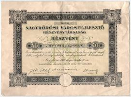 Nagykőrös 1930. Nagykőrösi Városfejlesztő Részvénytársaság részvénye 40P-ről, szelvényekkel, szárazpecséttel T:F szakadások