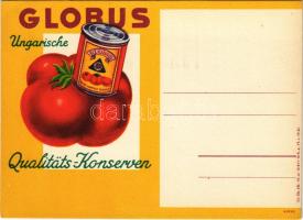 Globus konzervek német nyelvű reklámlapja. Klösz / Ungarische Qualitäts-Konserven / Hungarian canned foods advertisement in German, tomato can