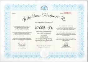 3db klf modern részvény, közte 1993. "Általános Gázipari Rt." részvénye 10.000Ft-ról szelvényekkel, szárazpecséttel T:UNC