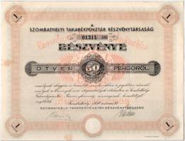 1938. Szombathely "Szombathelyi Takarékpénztár Részvénytársaság" részvénye 50P-ről, szelvé...