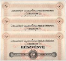 1938. Szombathely "Szombathelyi Takarékpénztár Részvénytársaság" részvénye 50P-ről, szelvényekkel, szárazpecséttel (4x, ebből 3x sorszámkövetők) T:AU fo.