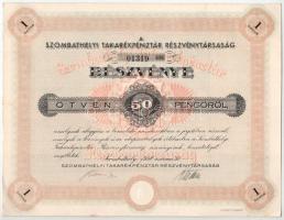 1938. Szombathely "Szombathelyi Takarékpénztár Részvénytársaság" részvénye 50P-ről, szelvé...