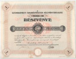 1938. Szombathely "Szombathelyi Takarékpénztár Részvénytársaság" részvénye 50P-ről, szelvé...