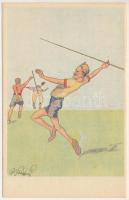 Gerelyhajítás / Javelin throw, sport humour. B.K.W.I. 404-6. s: Fritz Schönpflug