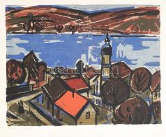 Czétényi Vilmos (1928-2003): Falusi látkép. Linómetszet, papír, jelzett, kartonra kasírozva. 18,5x24...