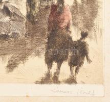 Kórusz József (1927-2010): Dunapart. Színezett rézkarc, papír, jelzett, kartonra kasírozva, foltos 2...