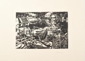 Göldner Tibor (1929-): Halásztanya (Bajai Sugovica), 1971. Linómetszet, papír. Jelzett. Kartonra kas...