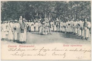 Máramarossziget, Sighetu Marmatiei; Üdvözlet Máramarosból. Román népmulatság. Berger Miksa kiadása / Romanian folk festival in Maramures