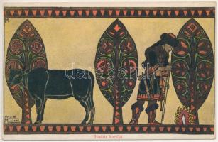 Magyar stylustanulmányok. Hadúr kardja. Magyar Adorján kiadása (Zelenika, Dalmácia 1914) / Ungarische Studien / Hungarian folklore art postcard s: Magyar (EK)