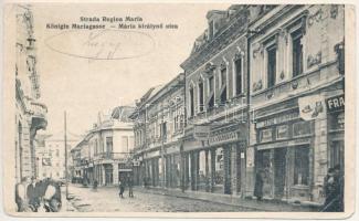 1923 Lugos, Lugoj; Strada Regina Maria / Königin Mariastrasse / Mária királynő utca, Anton Haberehrn üzlete / street view, shops (lyuk / hole)