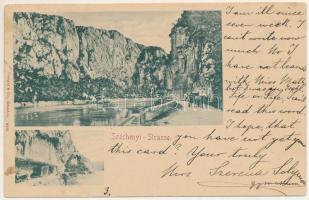 1899 (Vorläufer) Orsova, Kazán-szoros, Széchenyi út és emléktábla / Kasanenge, Széchenyi-Strasse / Le defilé du Kasan / Cazane / gorge, road, monument (fl)