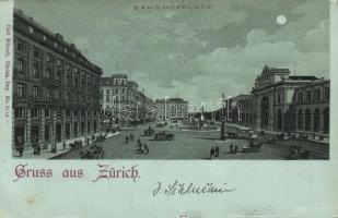 1899 Zürich, Bahnhofplatz / railway station square, Hotel National, tobacco shop tram litho (b)