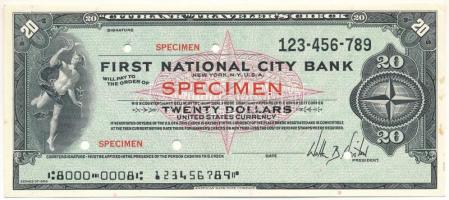 Amerikai Egyesült Államok DN 20$ First National City Bank SPECIMEN utazási csekk T:AU USA ND 20 Dollars First National City Bank SPECIMEN travellers cheque C:AU