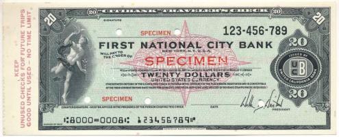 Amerikai Egyesült Államok DN 20$ First National City Bank SPECIMEN utazási csekk T:AU USA ND 20 Dollars First National City Bank SPECIMEN travellers cheque C:AU