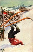 1911 Téli sport művészlap, síelő baleset, síugrás / Winter sport art postcard, ski accident, ski jump. Marke Egemes Seria 71. s: Arthur Thiele