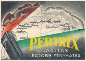 Pertrix világítás a legjobb fényhatás (megmutatja a felvidéki visszatérés határvonalát) / Hungarian battery advertisement, irredenta art postcard s: László