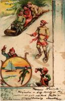 1901 Canada. Winter sport art postcard with ski, sledding people, snowball fight, ice skate, ice boating. Nationalitäten-Postkarten Serie 50 Dess. No. 1. Art Nouveau, litho (EK)