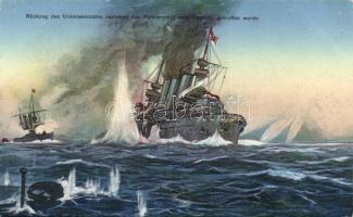 Submarine hiding while damaged armored ship sinking