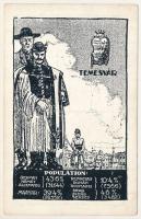 Temesvár, Timisoara; Magyar, német,román (oláh) és szerb nemzetiségek népesség aránya. Címer, Pátria rt. kiadása / Percentage of Hungarian, German, Romanian and Serbian population. Irredenta art postcad with coat of arms s: Pólya Tibor