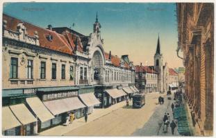 1917 Nagyvárad, Oradea; Rákóczi út, villamos, Klein Géza és Ödön, Barabás B. és társa és Újhelyi Róza üzlete. Vasúti Levelezőlapárusítás 31. 1916. / street, tram, shops (EK)