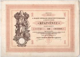 1929. Makó "Makói Népbank Részvénytársaság" részvénye 50P-ről szelvényekkel, szárazpecséttel (2x), közeli sorszámokkal T:AU,XF folt