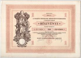1929. Makó "Makói Népbank Részvénytársaság" részvénye 50P-ről szelvényekkel, szárazpecsétt...