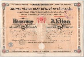 1923. Budapest "Magyar Városi Bank Részvénytársaság" 25 részvénye egyben, egyenként 400K-ról (2x), szelvényekkel, szárazpecséttel, bélyegzéssel T:F anyaghiány