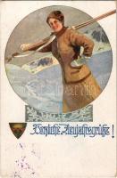 1917 Herzliche Neujahrsgrüße! / Lady, ski, winter sport art postcard with New Year greeting. Deutscher Schulverein Karte Nr. 949. (fl)