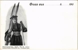 Gruss aus... Wintersportverlag, Berlin SW. 46. liefert: Schneeschuhe, Rennwölfe etc. / Winter sport shop advertisement, lady with ski