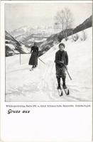 Gruss aus... Wintersportverlag, Berlin SW. 46. liefert: Schneeschuhe, Rennwölfe etc. / Winter sport shop advertisement, ski (EK)