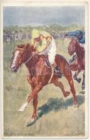 4 db RÉGI motívum képeslap lóversenyekről, Ludwig Koch szignóval / 4 pre-1945 motive postcards: hors...